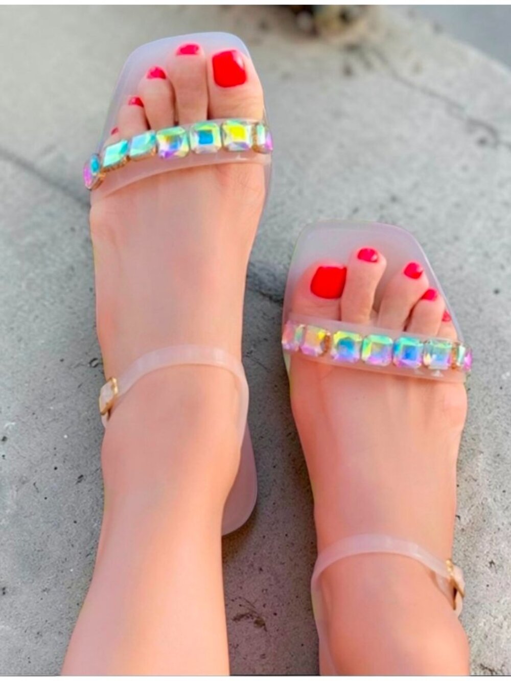 Crystal Embellished Clear Strap Sandals For Women Flat Comfy Slide-On Style With